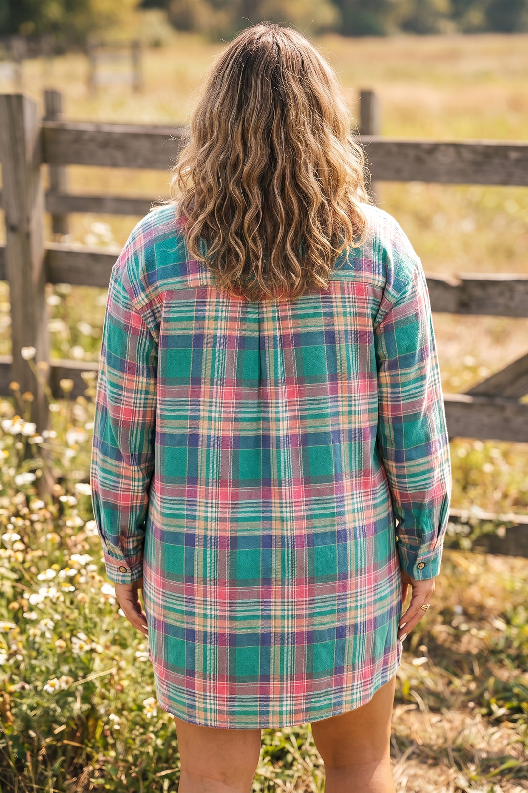 Green Plaid Button-Up Shift Long Sleeve V Neck Plus Size Dress
