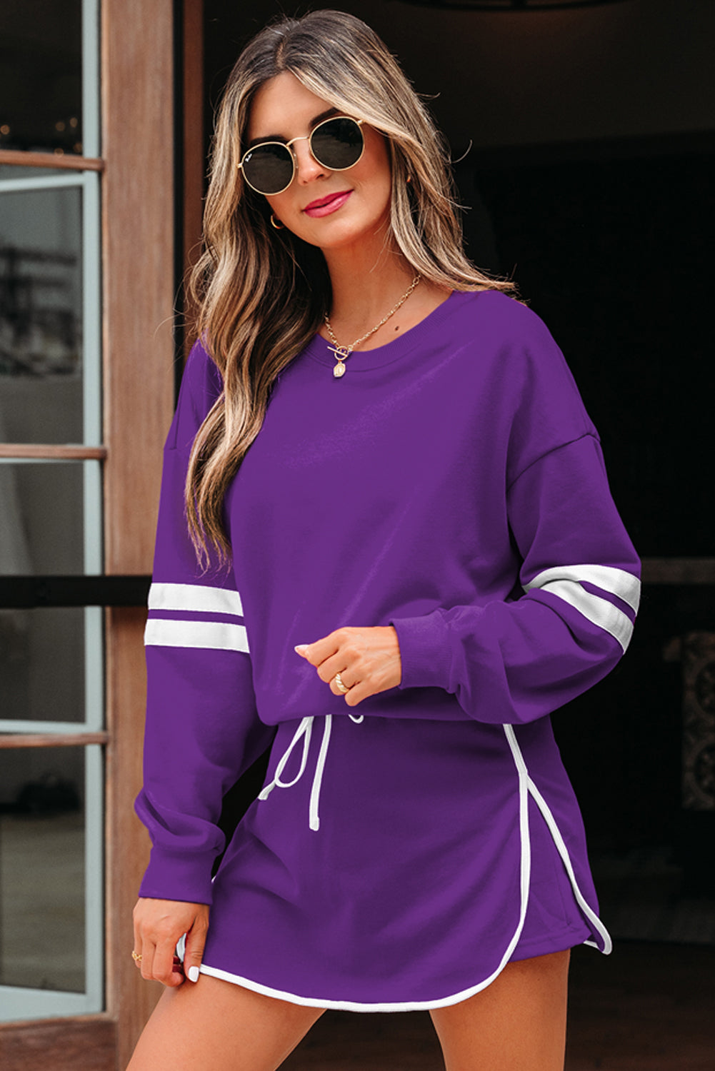 Varsity Stripe Detail Drop Shoulder Pullover Mini Skirt Set