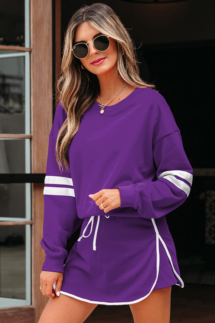 Varsity Stripe Detail Drop Shoulder Pullover Mini Skirt Set