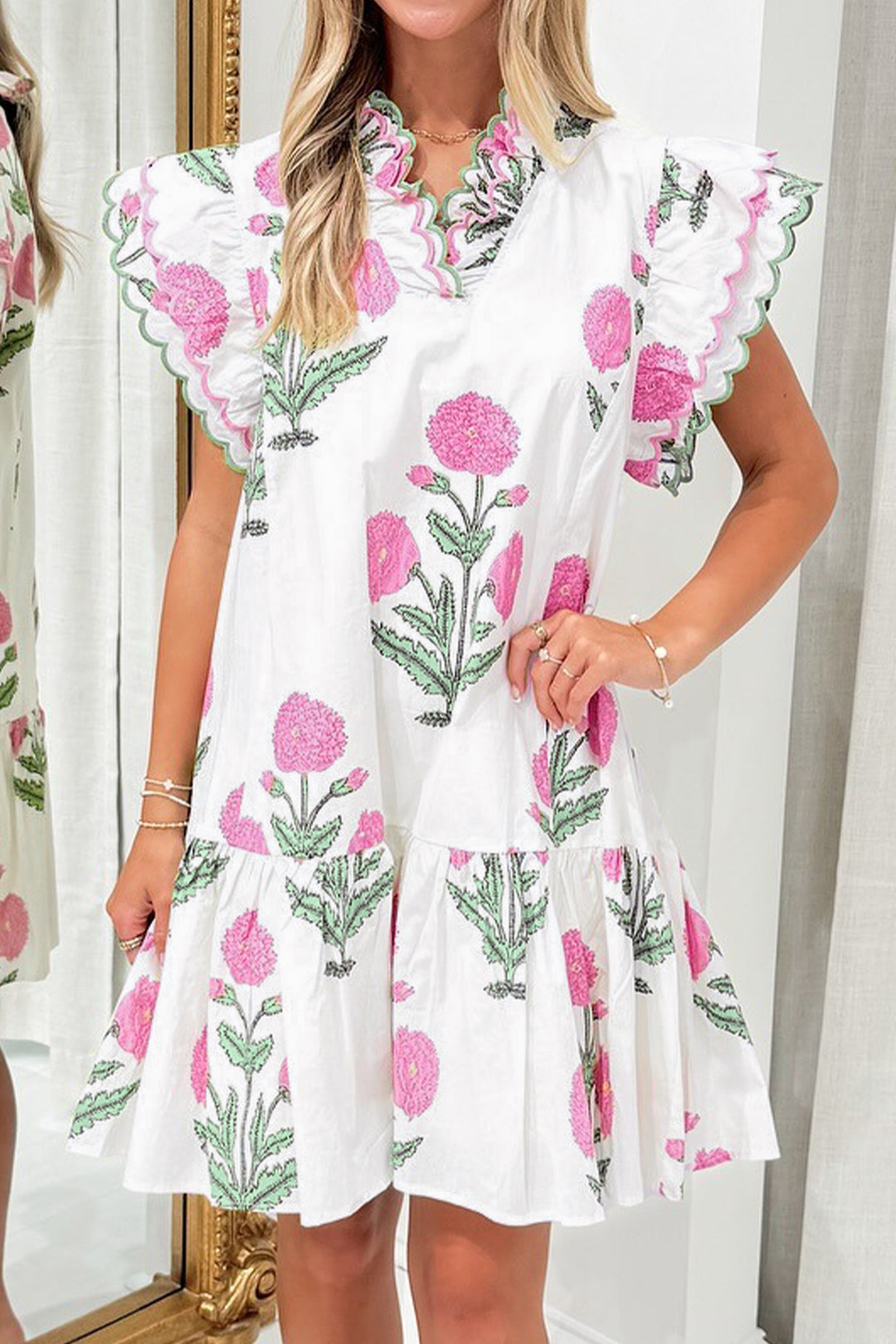 Wild Floral Print Scalloped Embroidery Trim V Neck Drop Waist Mini Dress