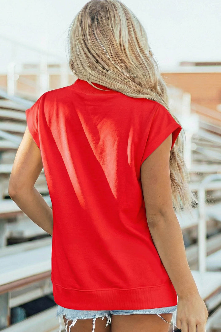 Racing Red Sequin American Flag Balloon Dog High Neck Short Sleeve Top