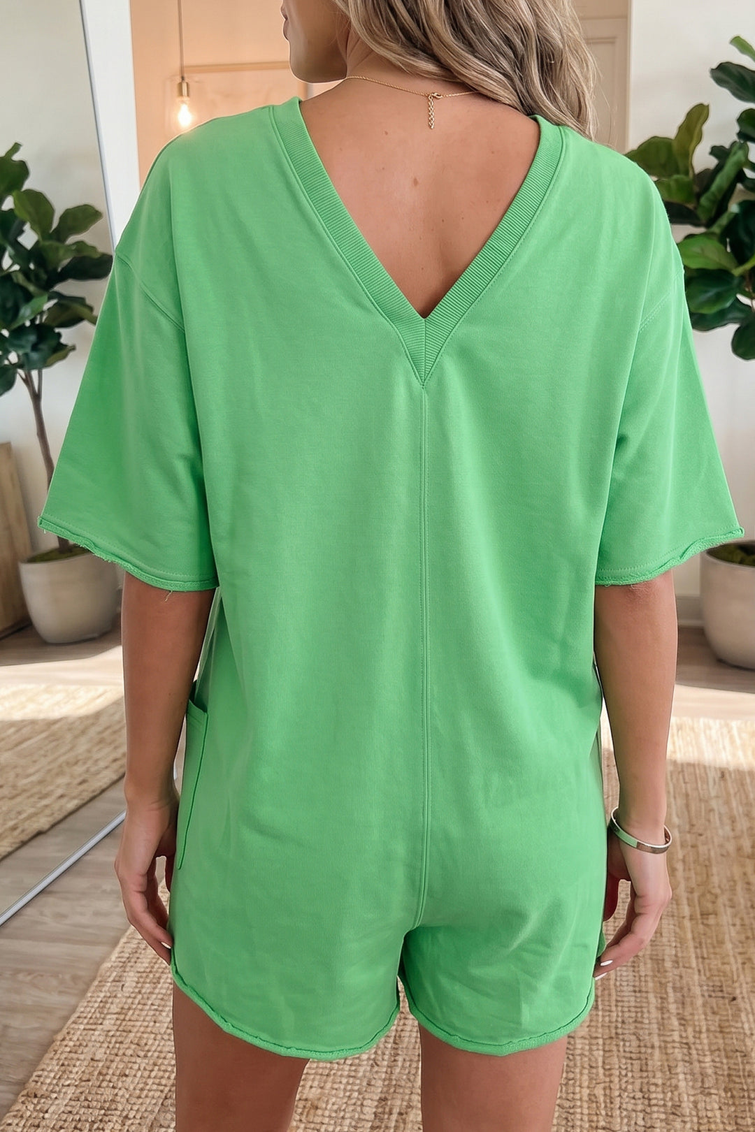 Solid Color Raw Edge Half Sleeve Pocketed Loose Romper