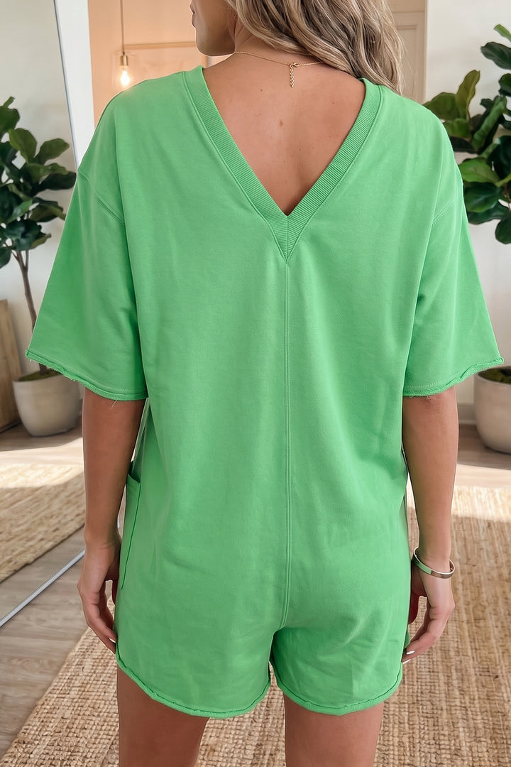 Solid Color Raw Edge Half Sleeve Pocketed Loose Romper