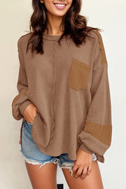 Pink Exposed Seam Patchwork Bubble Sleeve Waffle Knit Top - Dark Brown / 2XL / 62.7%Polyester+37.3%Cotton