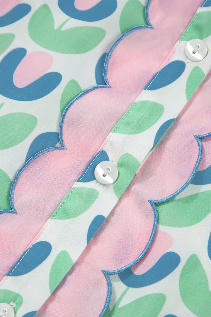 Green Floral Print Notched Neck Scalloped Detail Long Sleeve Mini Dress