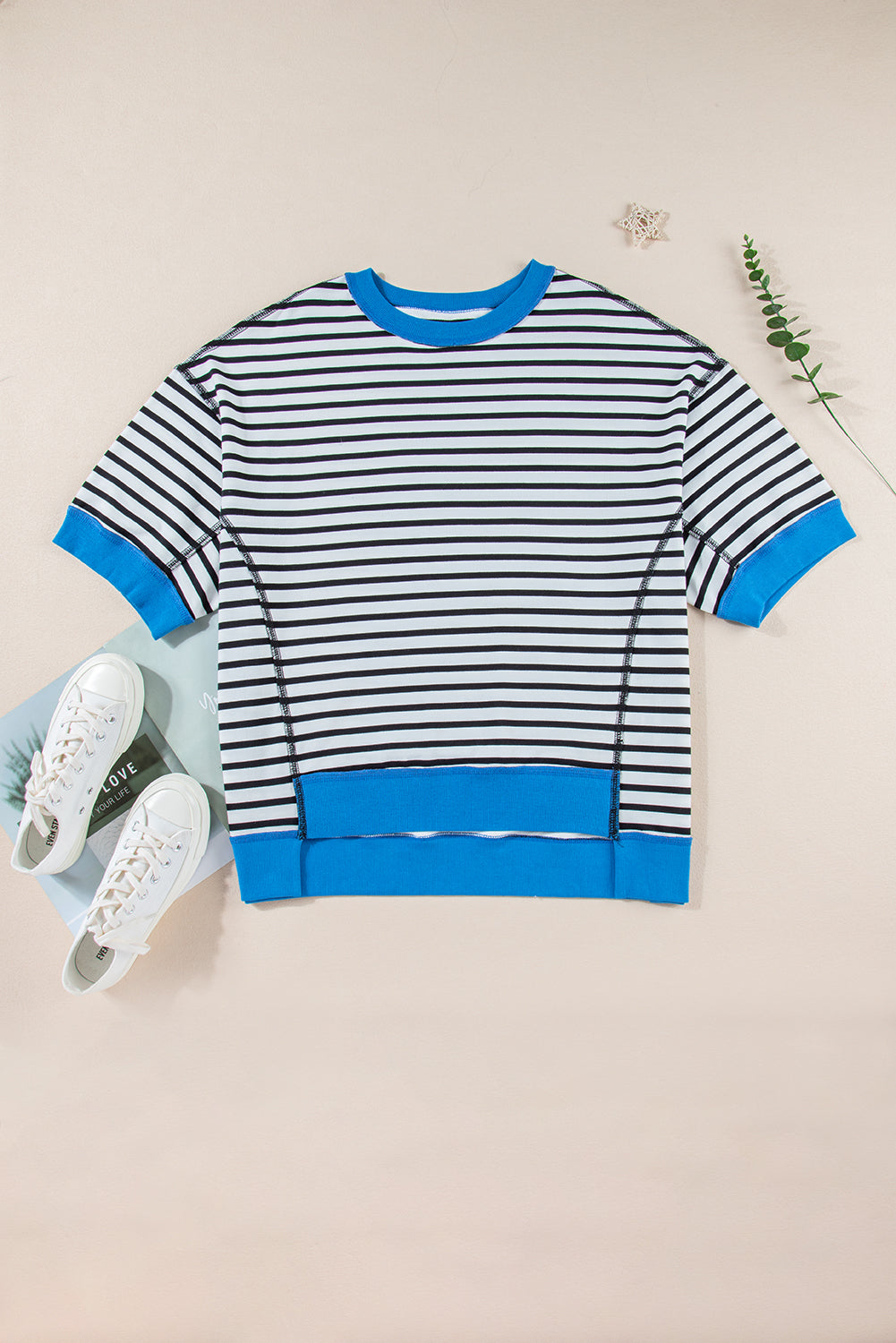 Stripe Oversized Contrast Trim Exposed Seam High Low T Shirt