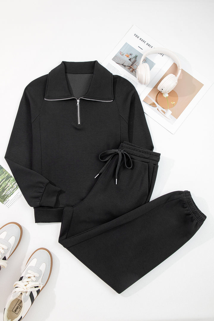 Zip Collar Long Sleeve Top Drawstring Pants Set