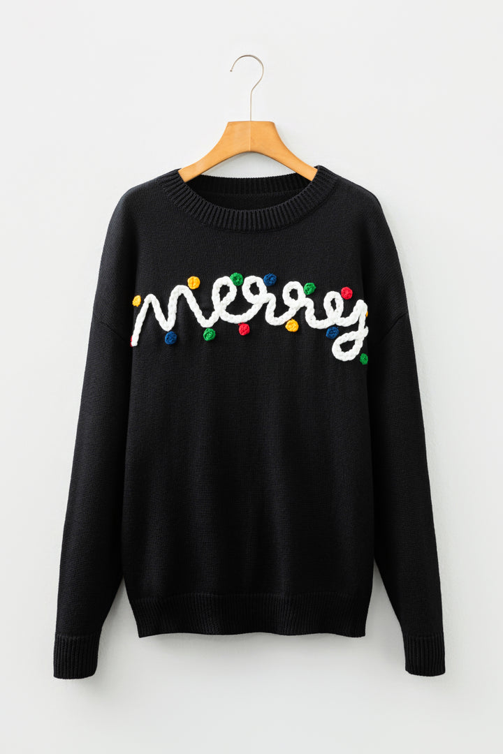 Black Merry Colorful Dot Detail Christmas Drop Shoulder Sweater