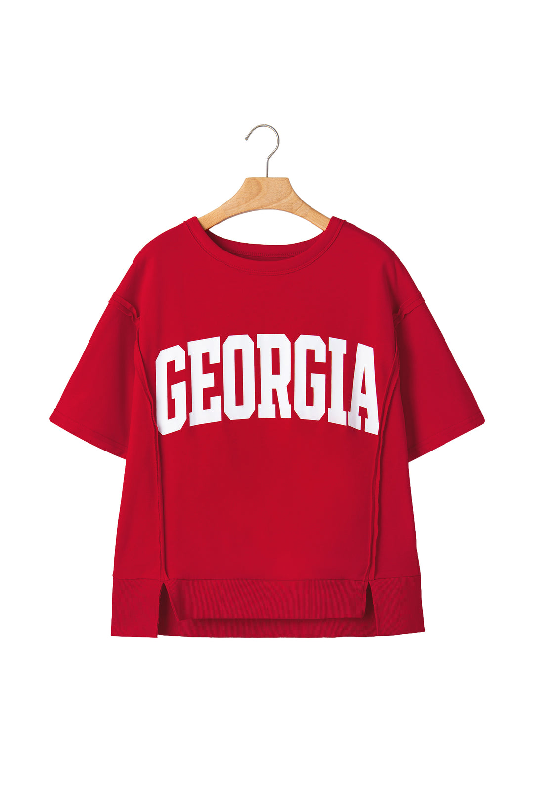 Racing Red GEORGIA Letter Printed Raw Seam Drop Shoulder Loose Tee