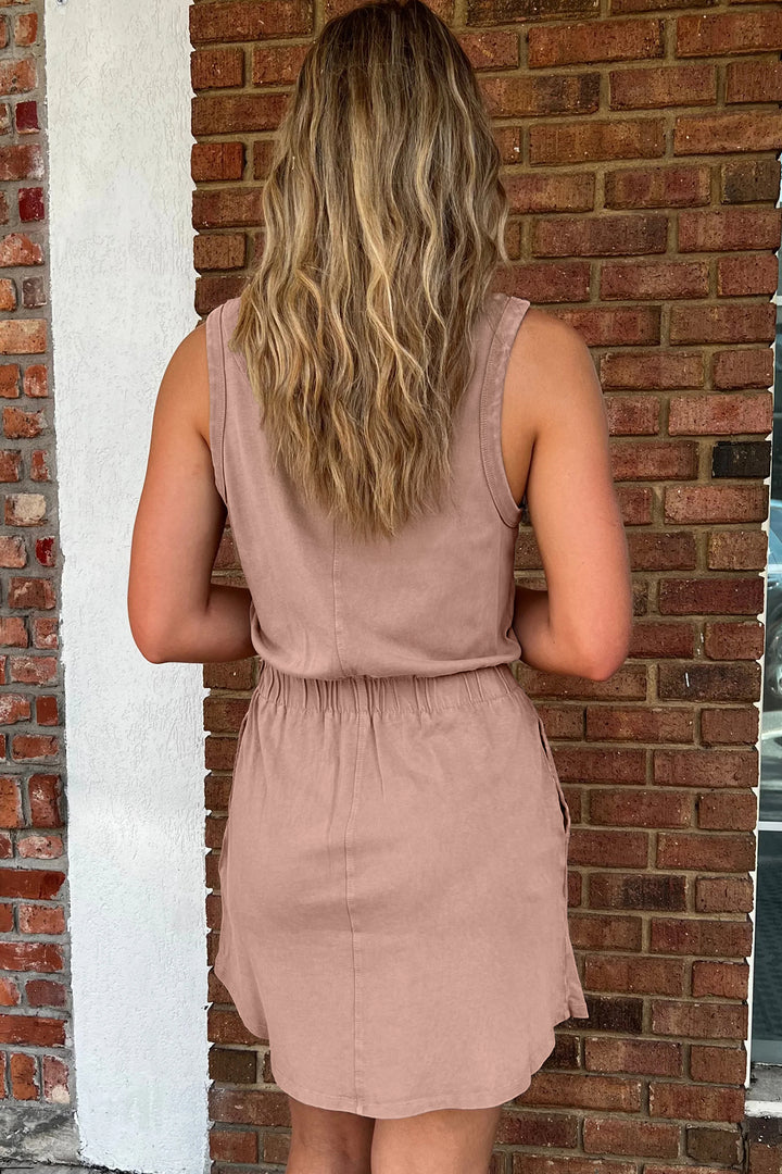 Mineral Wash U Neck Elastic Waist Sleeveless Mini Dress