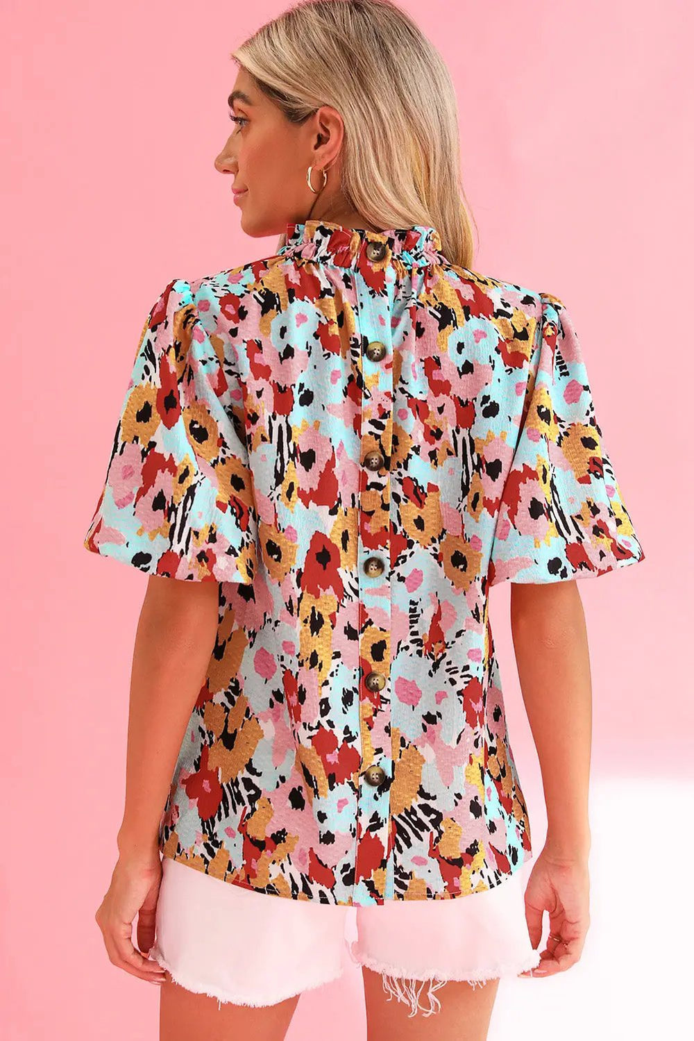 Frilled Floral Print Puff Sleeve Mock Neck Blouse -