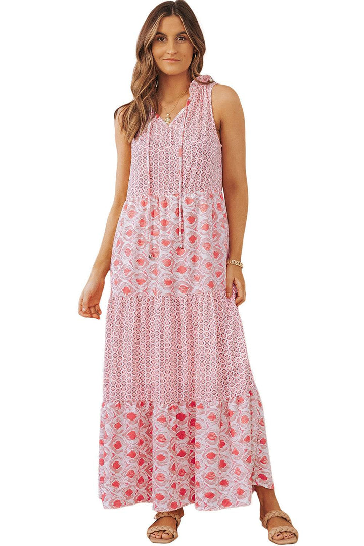 Pink Abstract Print Patchwork Sleeveless V Neck Tiered Dress -