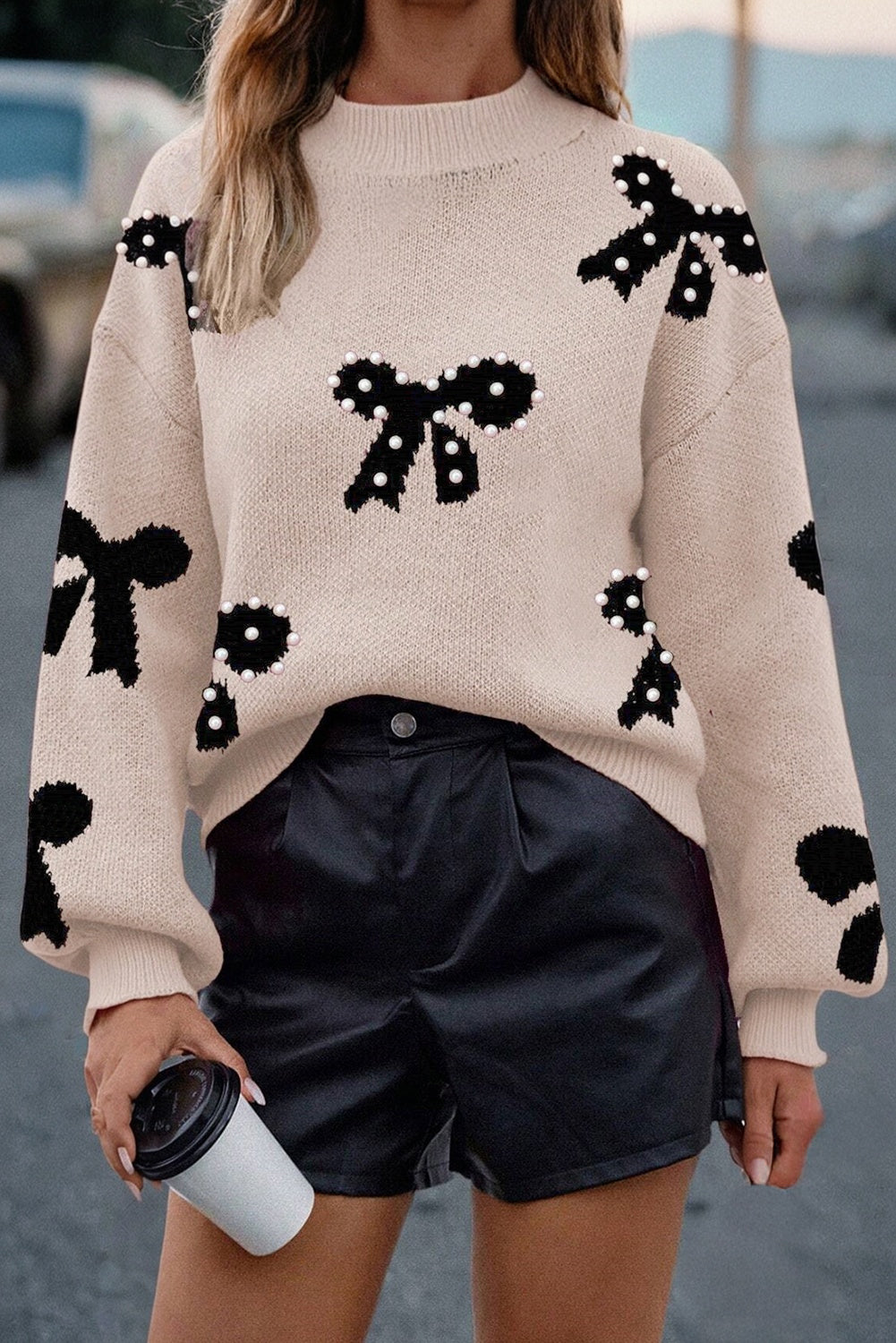 Pearl Embellished Bow Pattern Loose Sweater