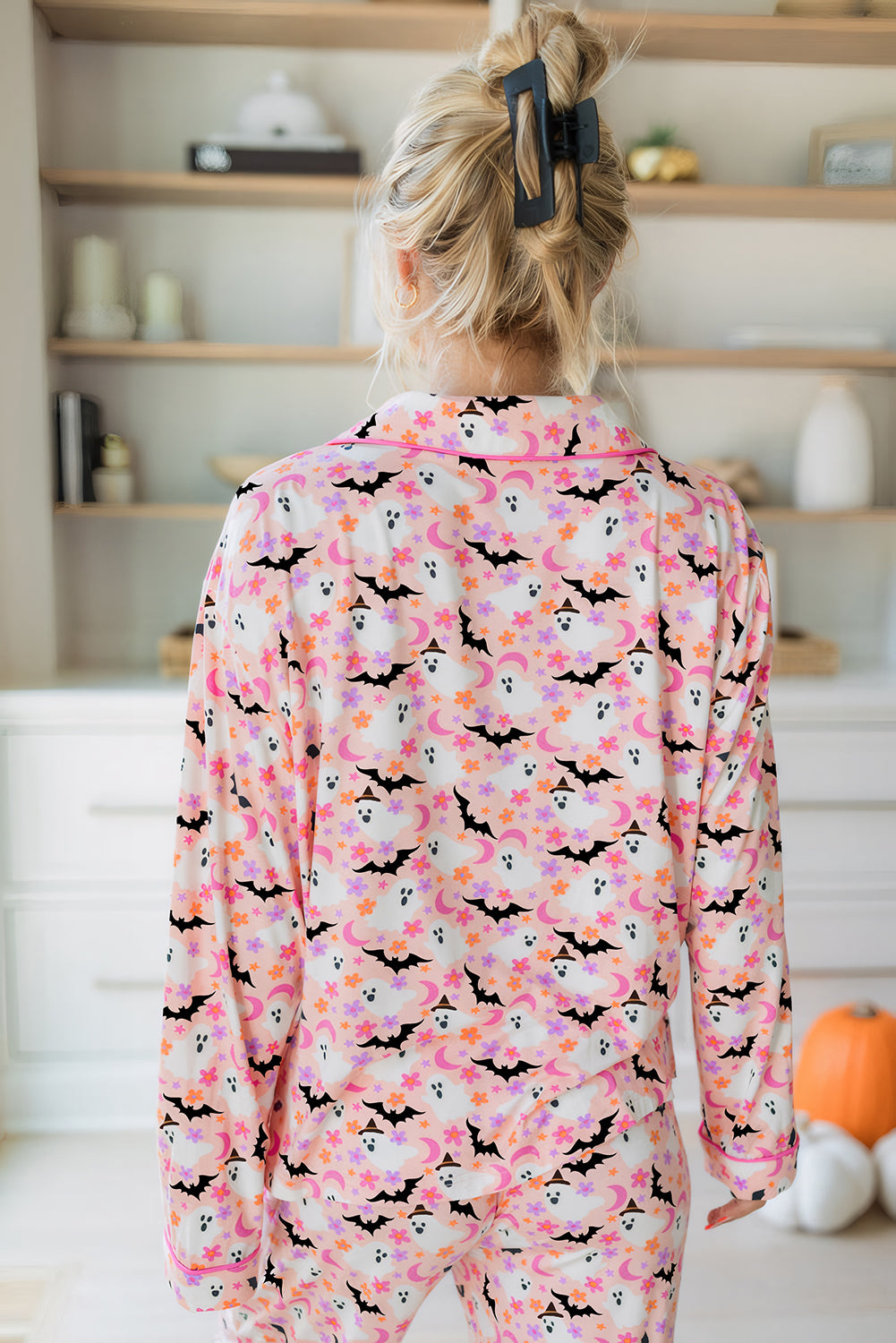 Pink Cute Floral Halloween Ghost Print Long Pajama Set