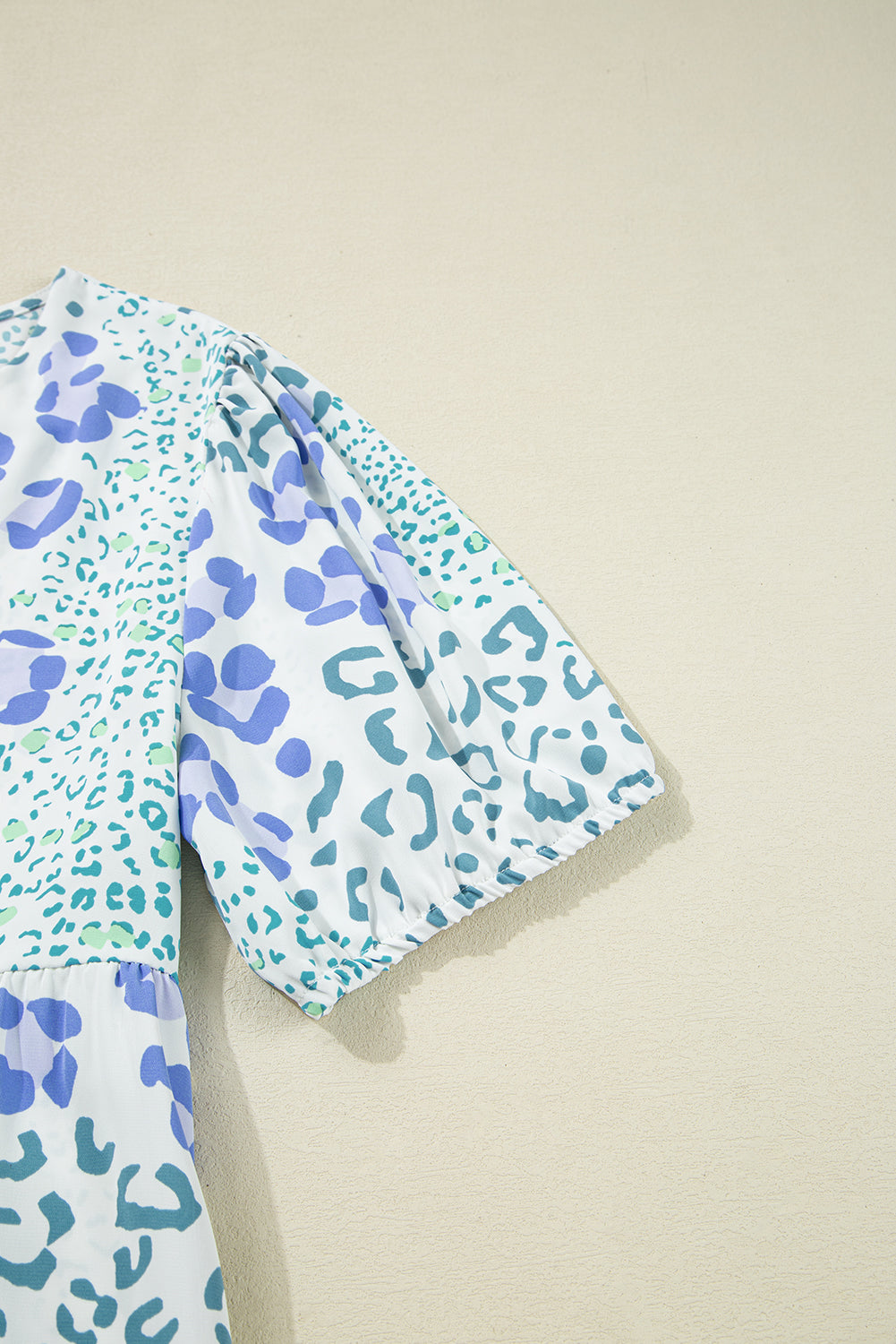 Sky Blue Leopard Contrast Bow Puff Sleeve Mini Dress
