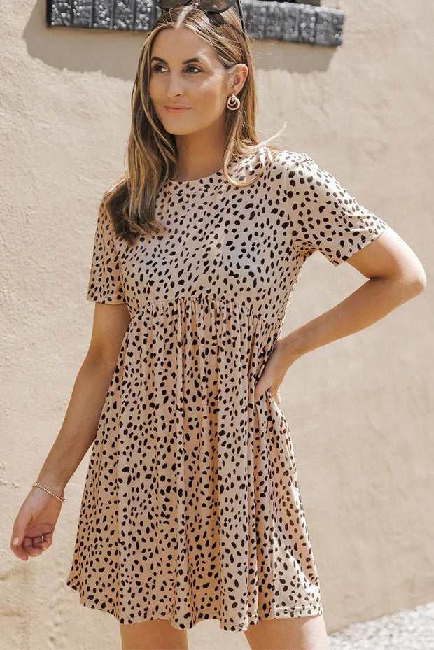 Leopard Print Short Sleeve Tunic T-shirt Dress - Leopard / L / 95%Polyester+5%Elastane