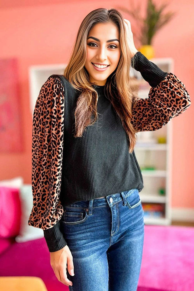Leopard Print Long Sleeve Ribbed Knit Blouse -