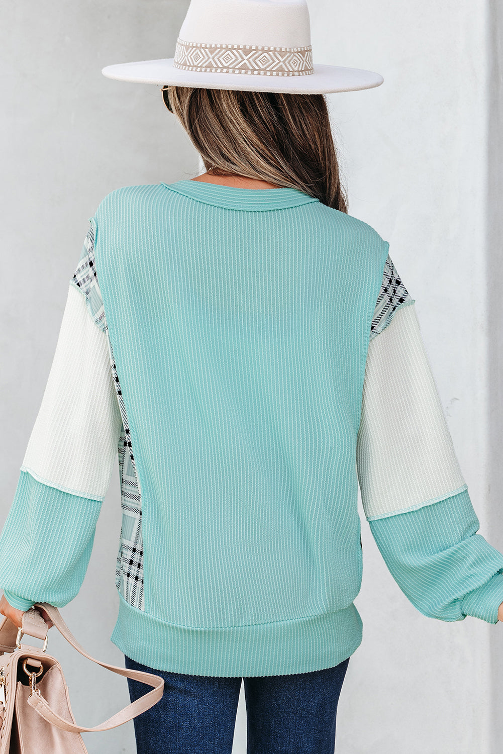 Aruba Blue Corded Texture Plaid Colorblock Patchwork Split Neck Long Sleeve Top