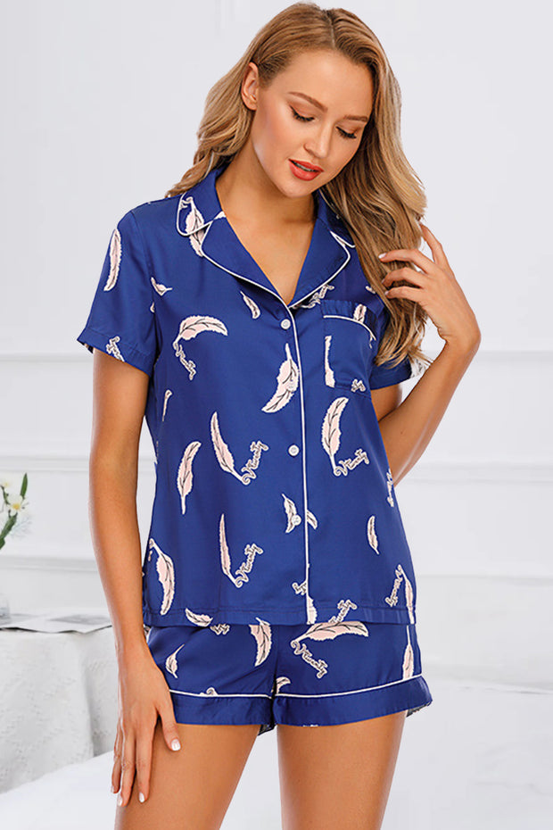 Printed Button Up Short Sleeve Top and Shorts Lounge Set - Royal Blue / S