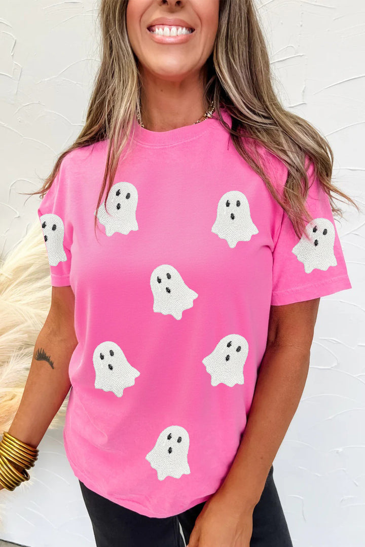 Sequin Halloween Ghost Patched Casual T Shirt