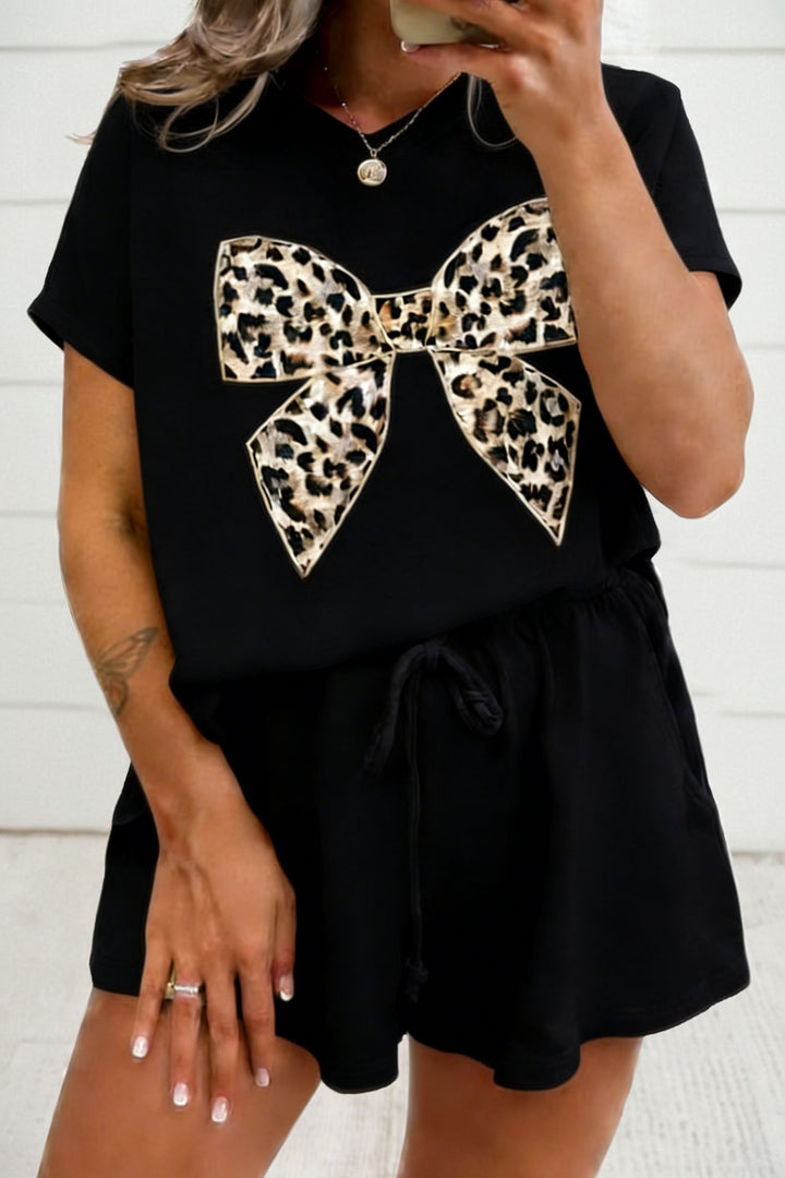 Leopard Bow Patched V Neck Loose Tee Drawstring Shorts 2pcs Outfit
