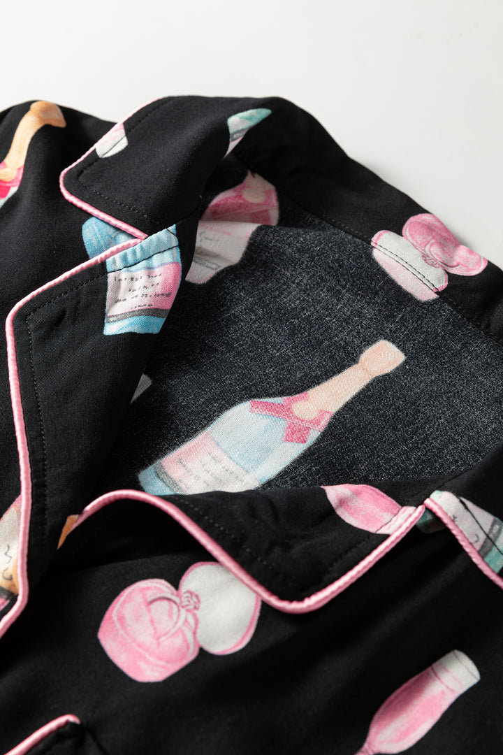 Christmas Wine Glass Print Bow Knot Two Piece Pajama Set