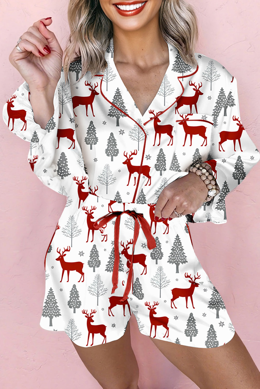 christmas pajama dresses White Fashion Print Velvet Trim Bow Knot 2pcs Short Set White / L / 100%Polyester custom_badge_Back In Stock_background_#ECEAE2_text_#000000 Christmas womens pajama set Tiffany Blue V-Neck Puff Color:Military