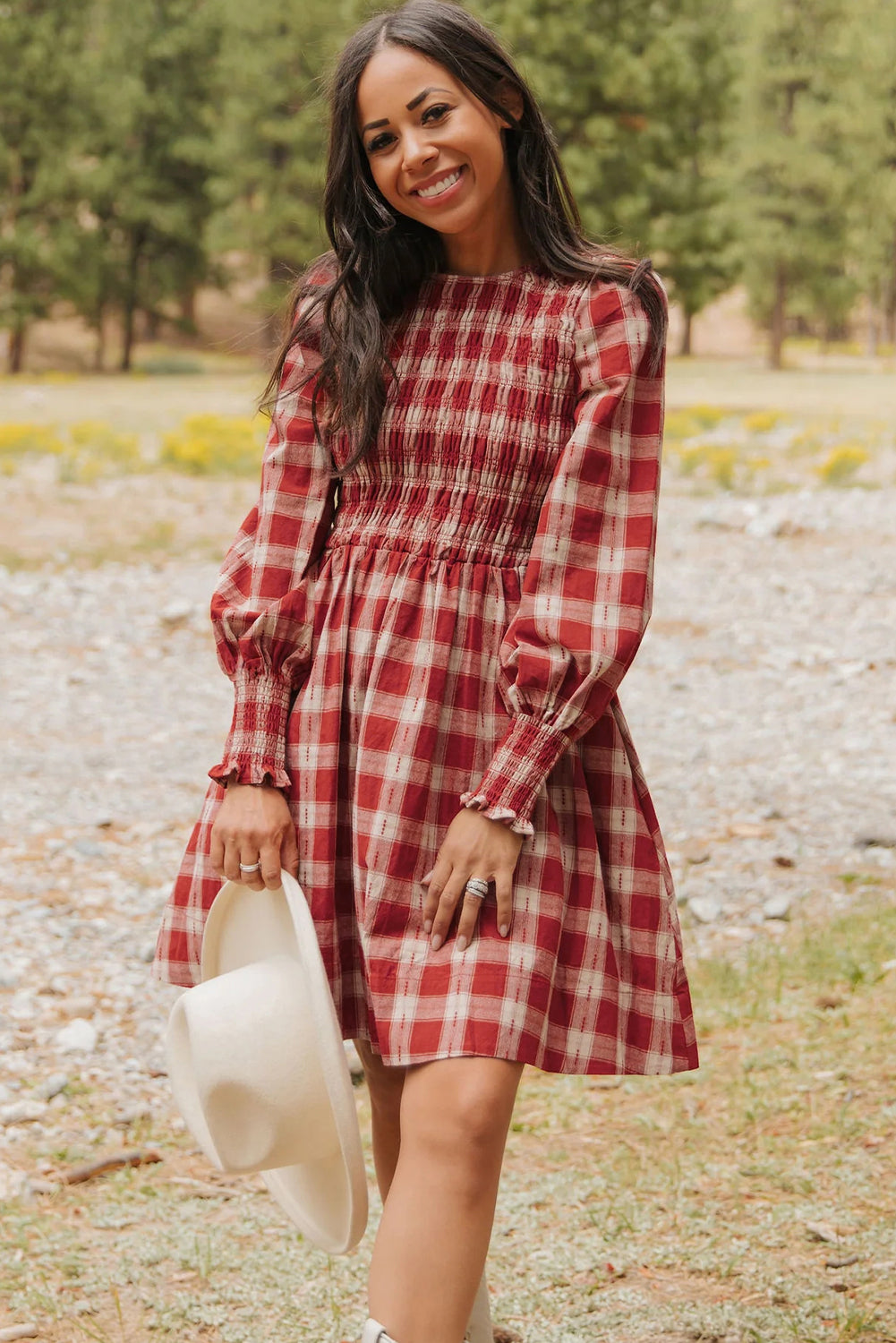 Red Plaid Print Smocked Puff Sleeve Mini Dress Red / XL / 100%Cotton