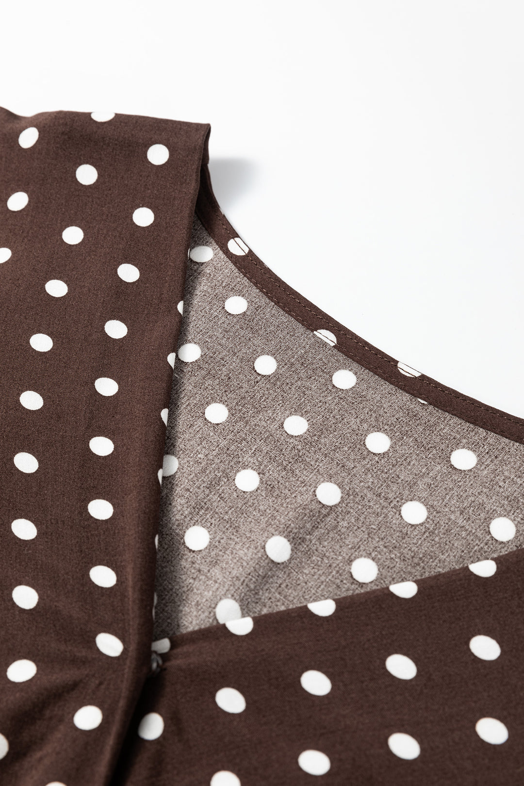 Chicory Coffee Polka Dot Long Sleeve Wrap V Neck Ruffle Hem Mini Dress