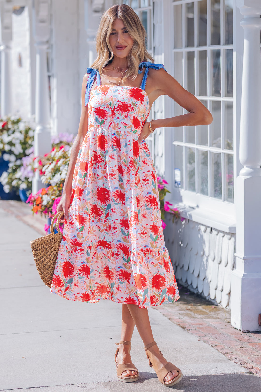 Floral Print Contrast Stitched Knot Denim Straps High Waist Dress