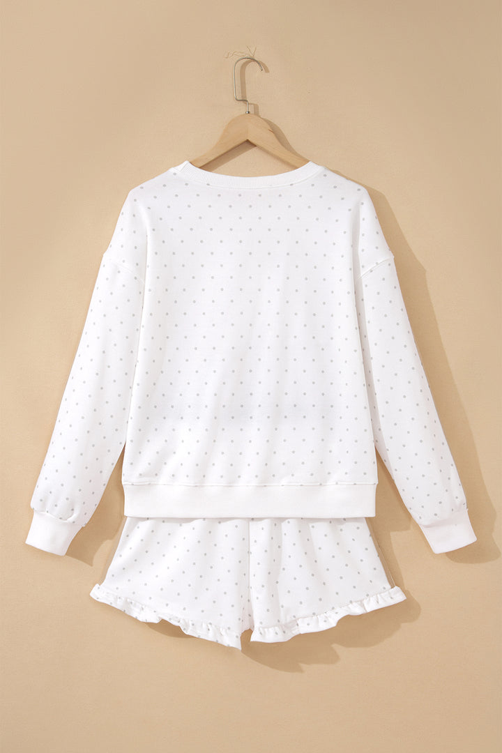 White Polka Dot Print Side Stripe Detail Casual Sweatshirt 2pcs Short Set