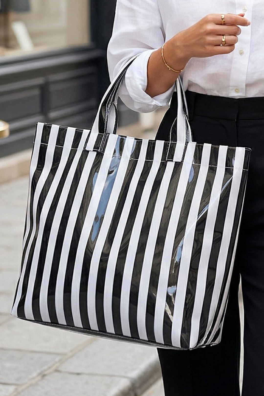 Glossy Striped Vinyl Large Tote Bag