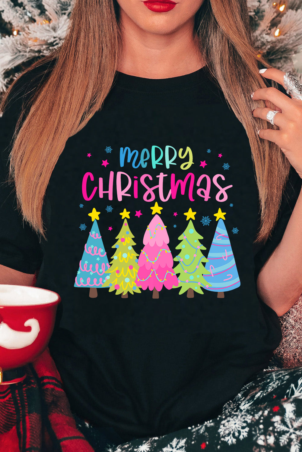 Black Merry Christmas Trees Print Crew Neck Loose T Shirt