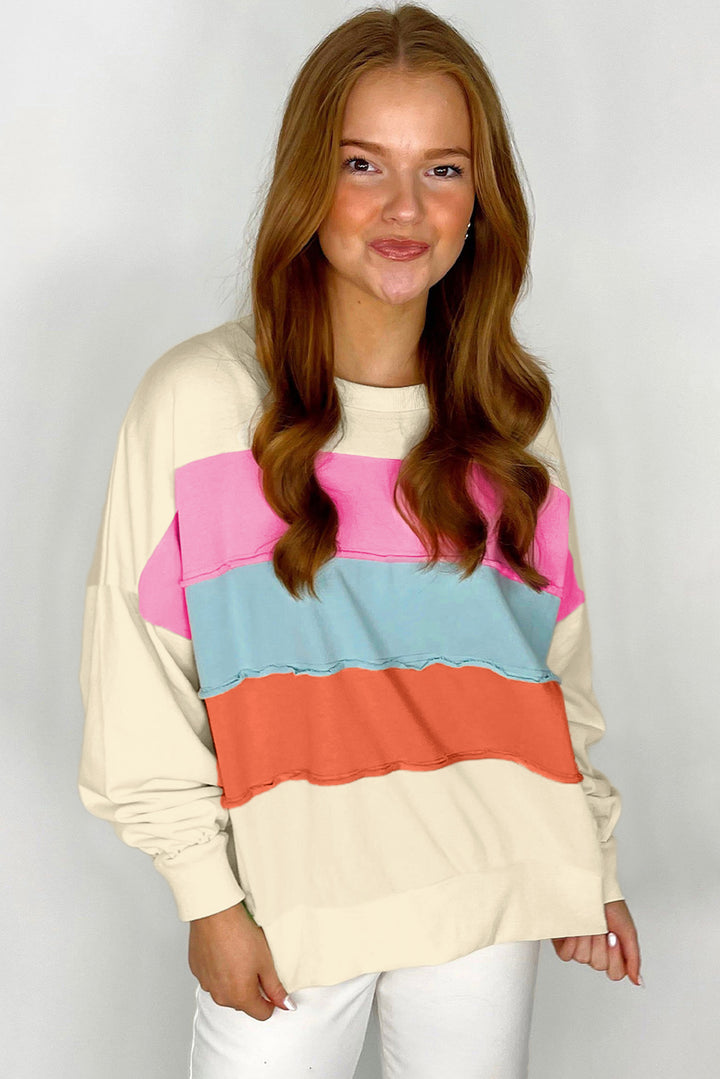 White Colorblock Patchwork Crewneck Drop Shoulder Sweatshirt