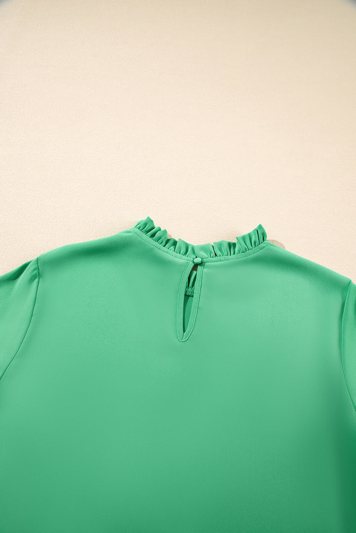 Back neckline detail of Green Frilly Round Neck Wide Half Sleeve Blouse with button closure, perfect for daily summer wear.