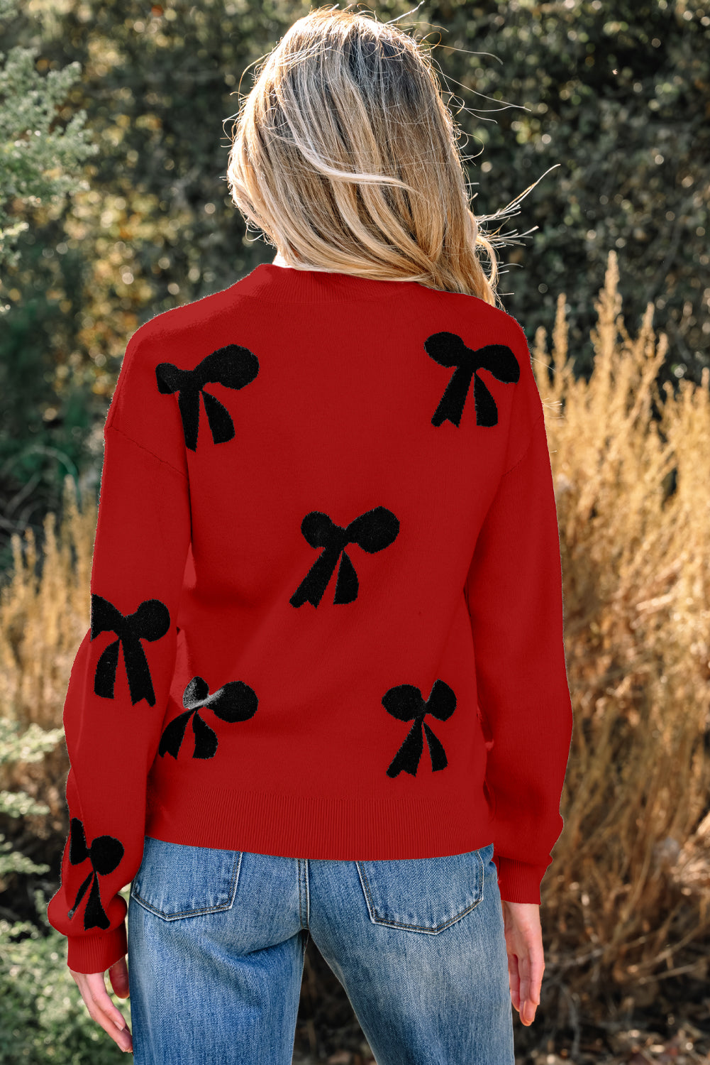 Pearl Embellished Bow Pattern Loose Sweater