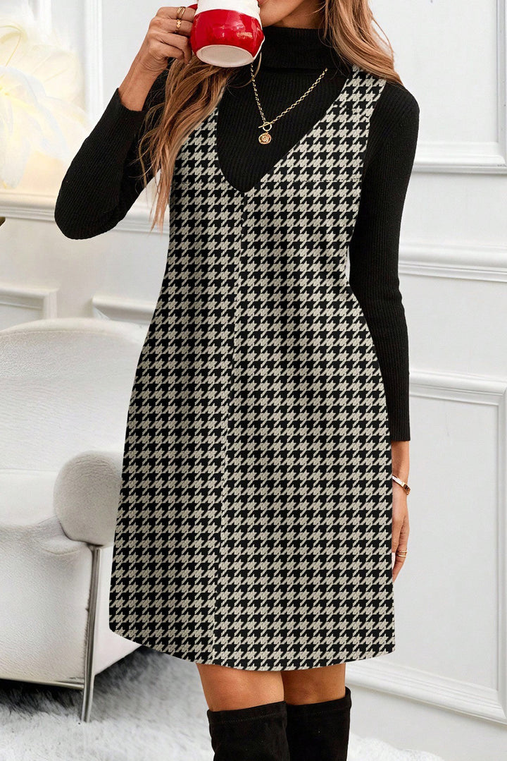 Houndstooth Print V Neck Sleeveless Mini Dress
