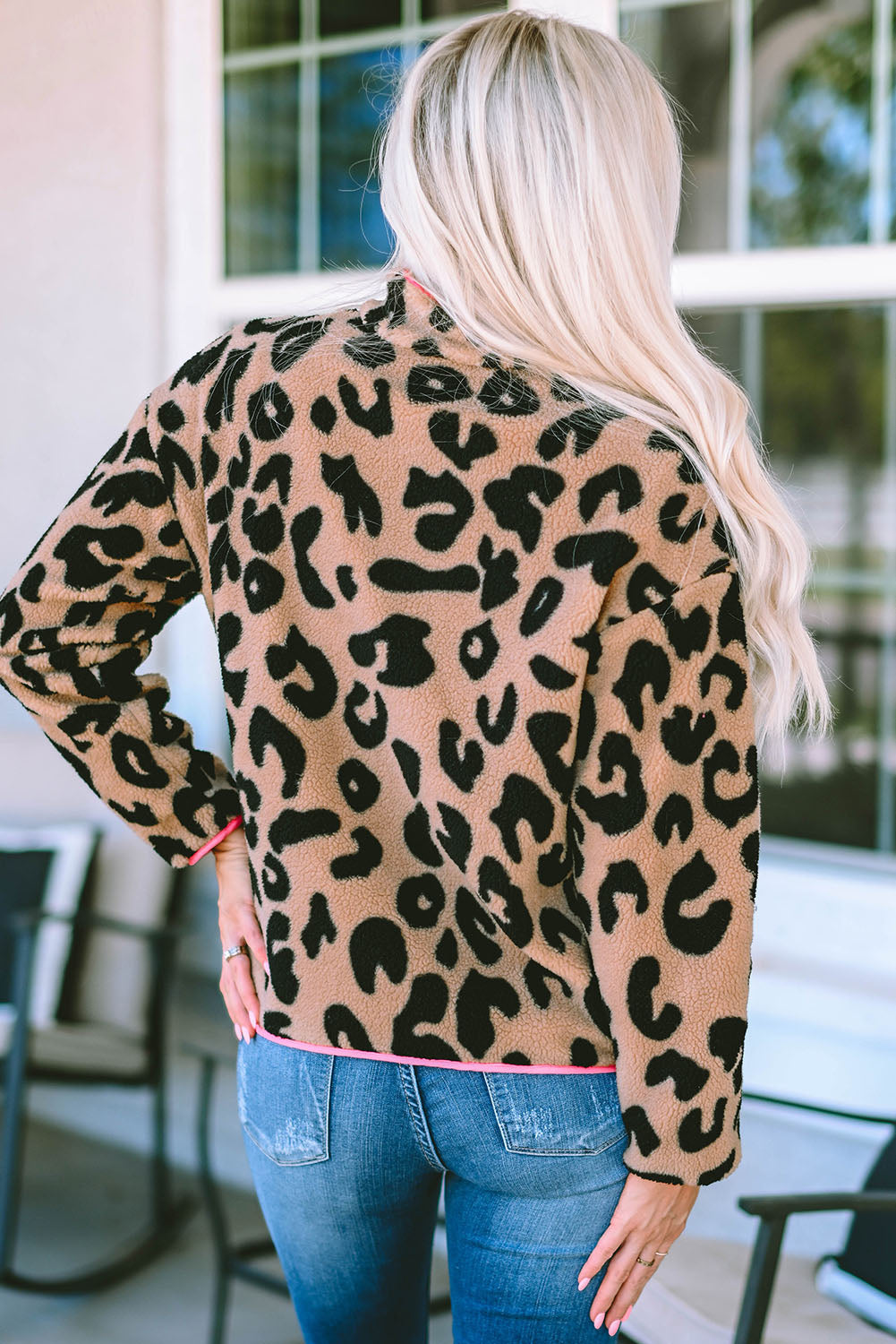 Leopard Colorblock Pocket Zipper Fuzzy Fleece Jacket