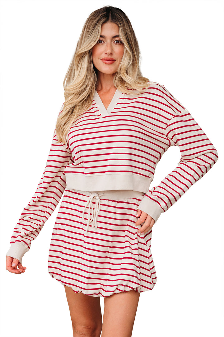 Red Stripe Cropped Collared Drop Shoulder Pullover and Bubble Mini Skirt Set