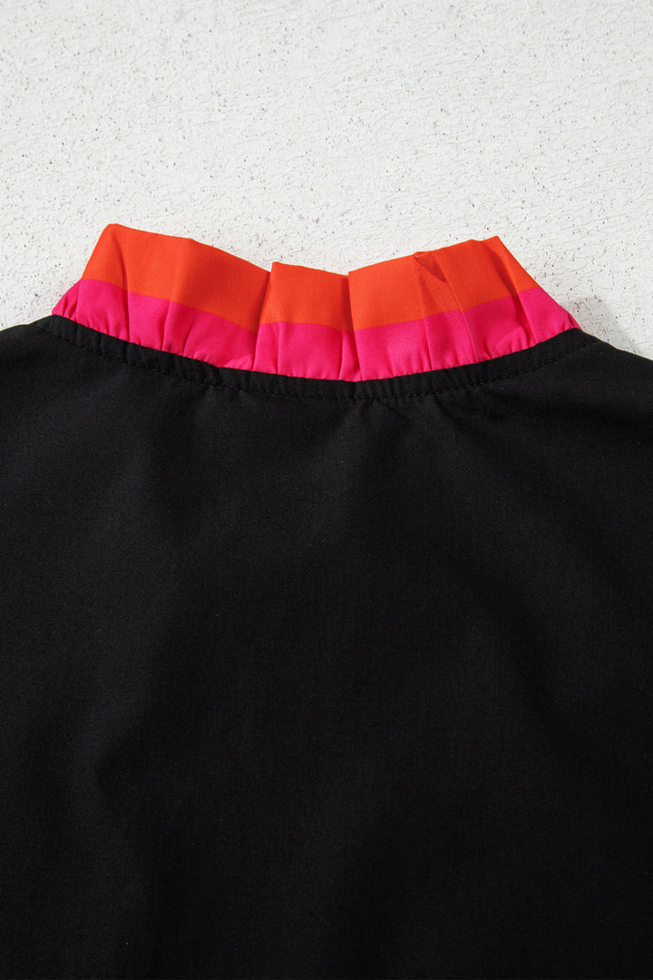 Black Striped Trim Ruffle Split Neck Long Sleeve Blouse