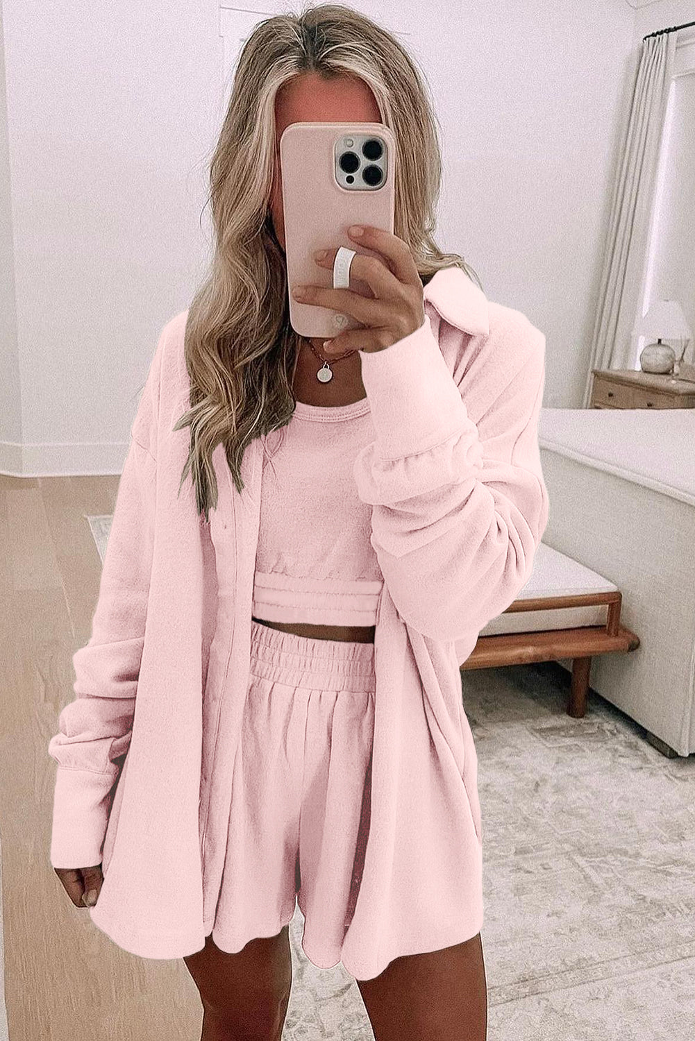 Black 3 Pcs Crop Tank Top Shorts with Cardigan Lounge Set