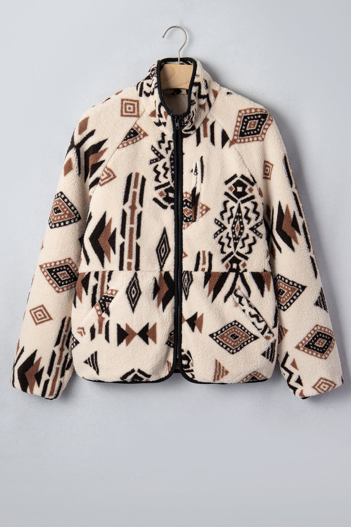 Beige Geometric Print Long Sleeve Shirt Collar Zip-up Placket Binding Tape Jacket