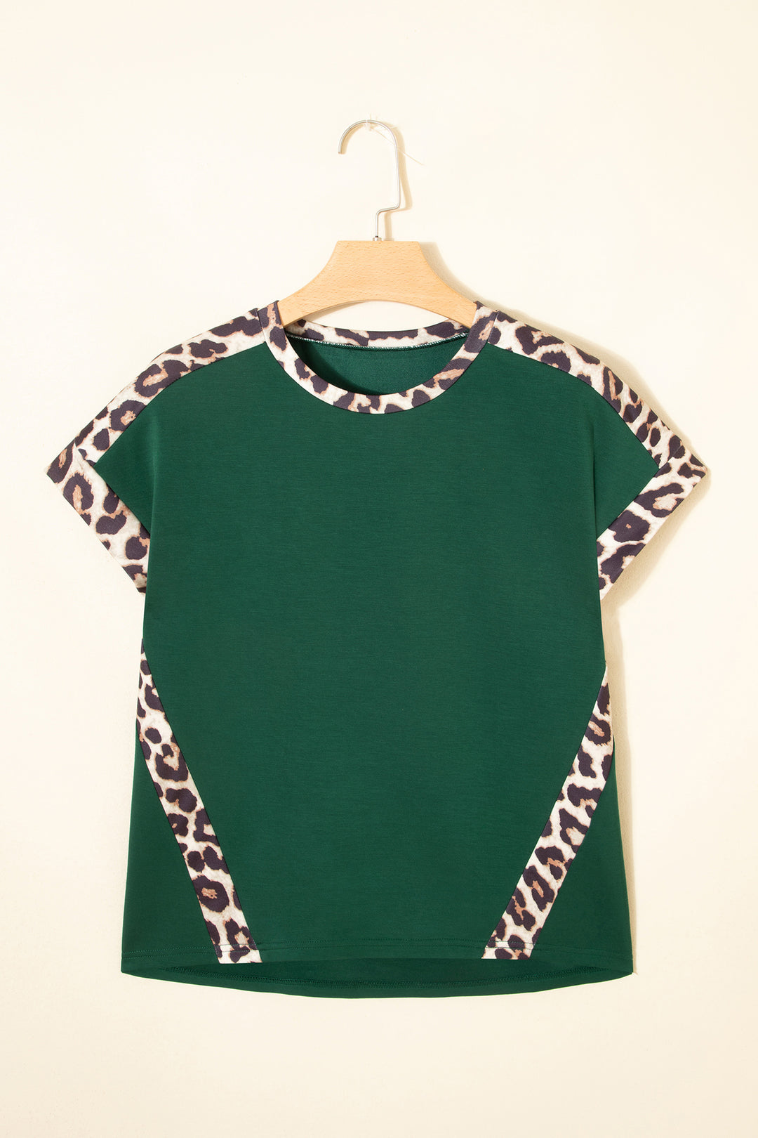 Green Leopard Trim Round Neck Loose T Shirt
