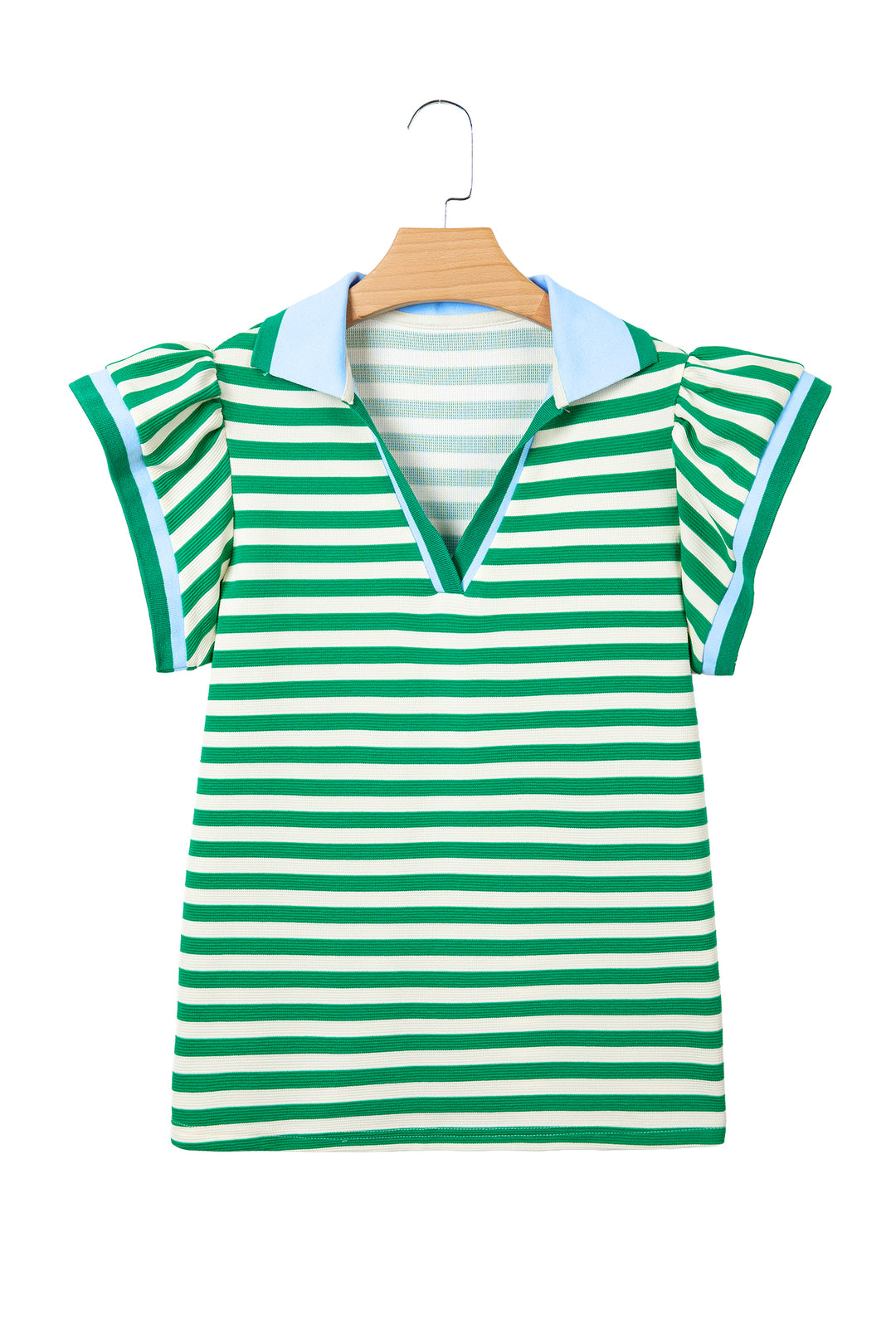 Stripe Contrast Trim Polo Collar Ruffled Short Sleeve Blouse