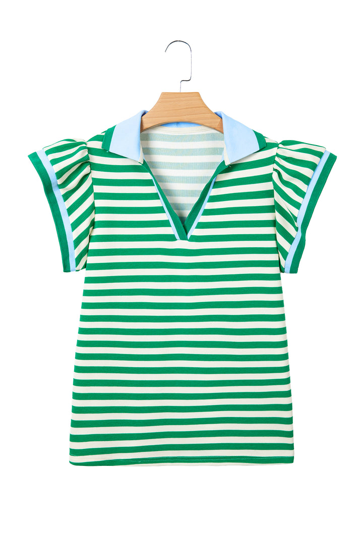 Stripe Contrast Trim Polo Collar Ruffled Short Sleeve Blouse
