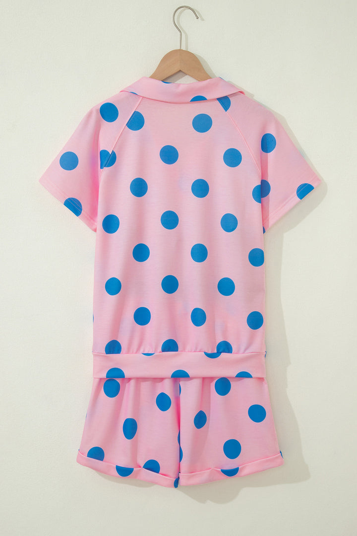 Polka Dot Print V Neck Tee Short Set