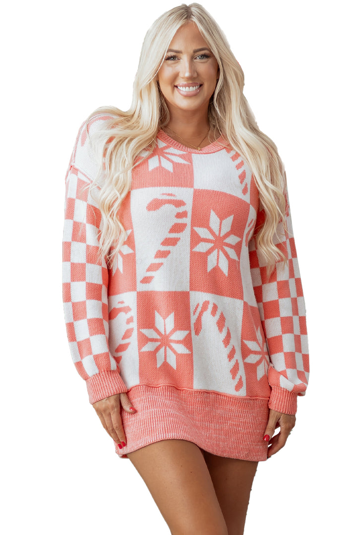 Pink Candycane Snowflake Checker Christmas Holiday Drop Shoulder Tunic Loose Sweater