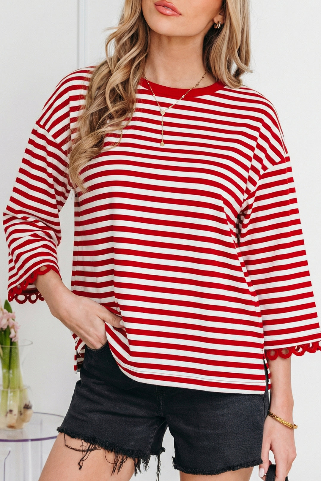 Racing Striped Print Drop Shoulder Lace Trim Bracelet Sleeve Loose Top