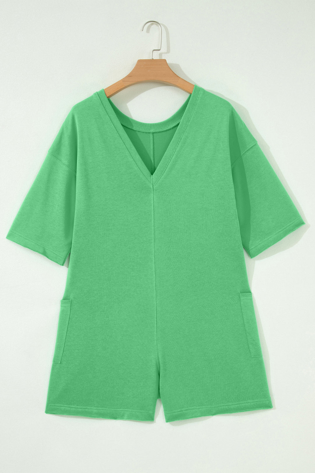 Solid Color Raw Edge Half Sleeve Pocketed Loose Romper