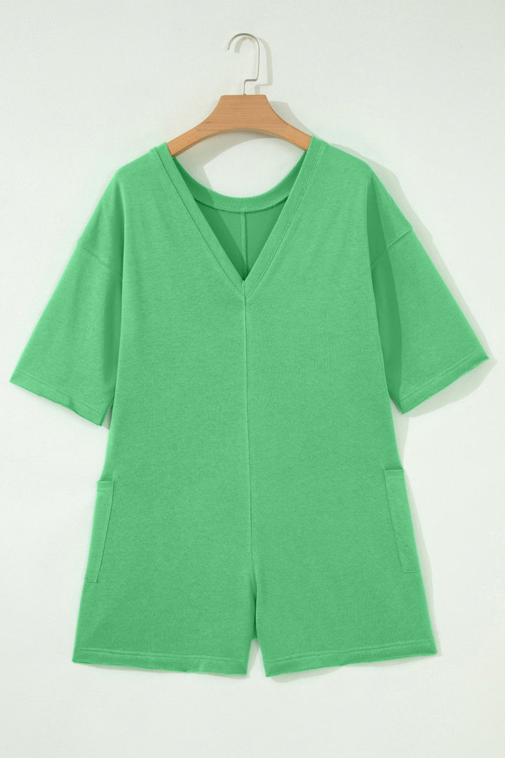 Solid Color Raw Edge Half Sleeve Pocketed Loose Romper